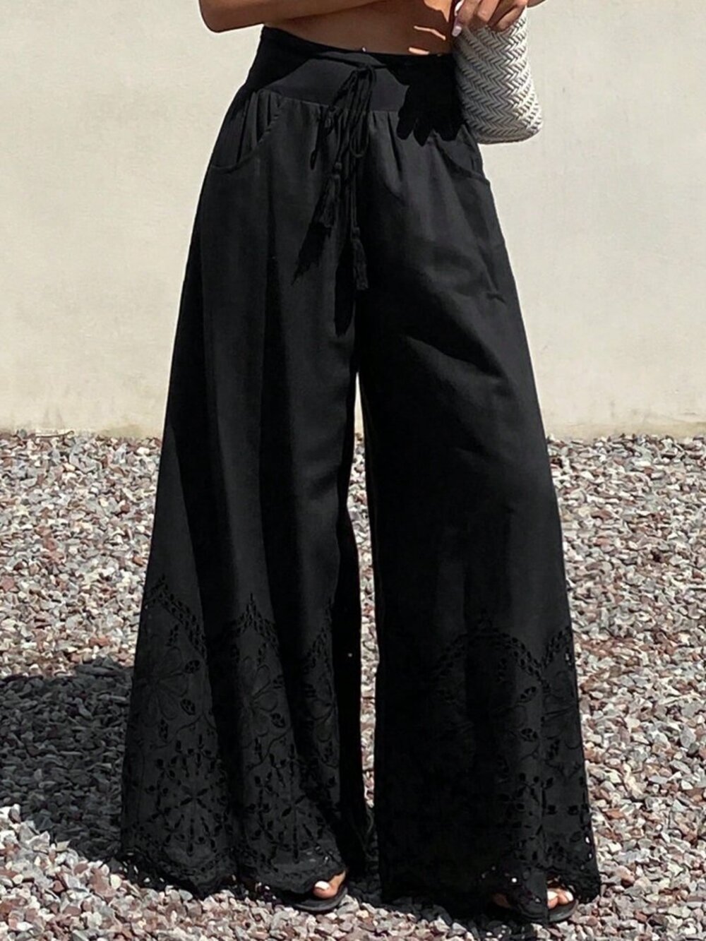 Black Boho Women's Lace Tie-Up Hollow Out Pants - Picture 6 of 7